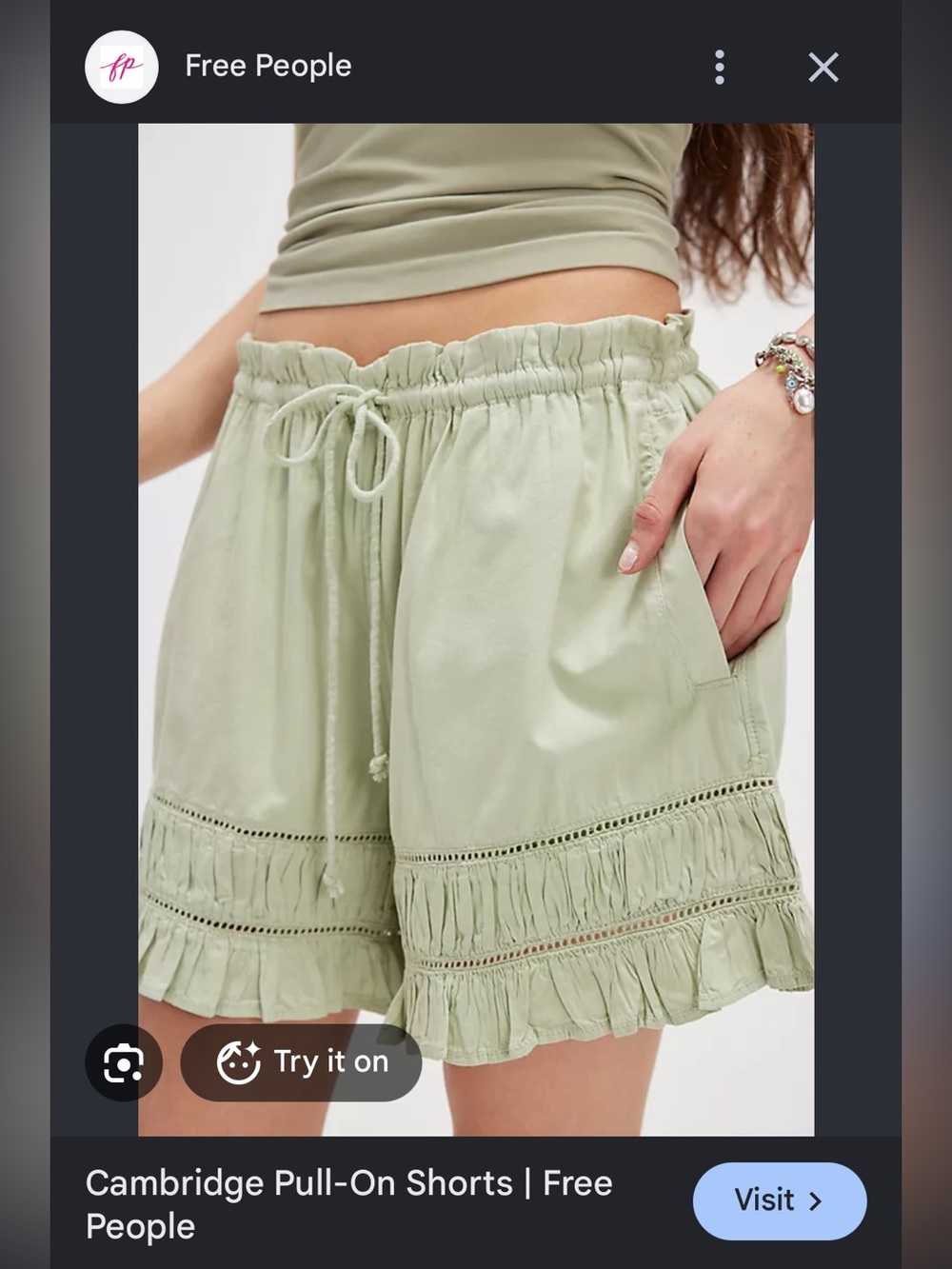Free People Drawstring Ruffle-Hem Shorts in Light Sage